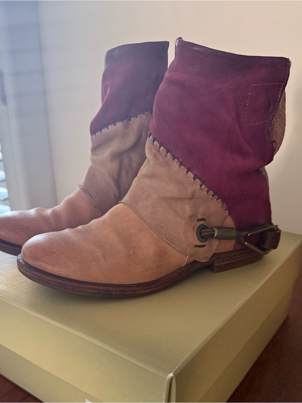 A.S.98 Two-Tone Leather Ankle Boots in Burgundy and Tan